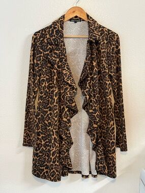 Cable and Gauge Leopard Ruffle Duster Open Front Cardigan Size L Y2K Chic